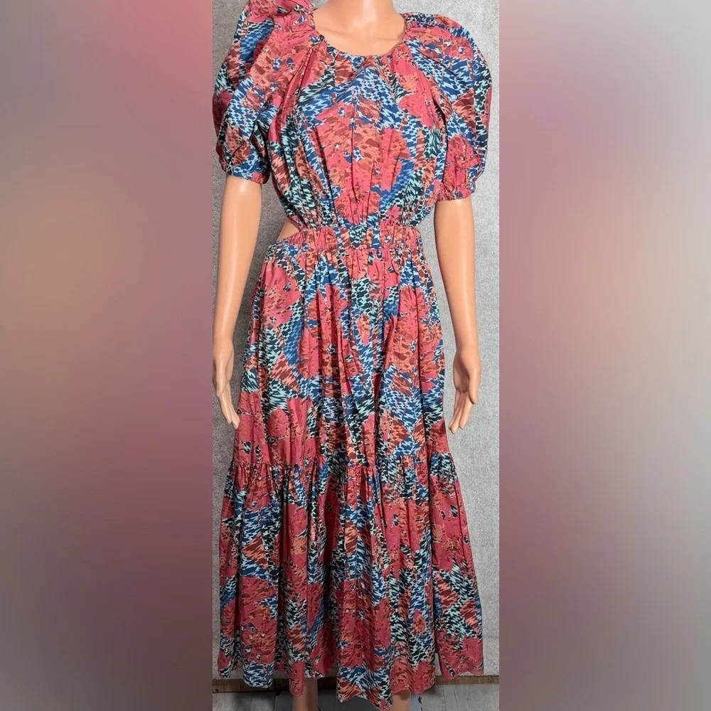 Ulla Johnson Coral and Blue Asymmetrical Floral Midi Dress - Picture 4 of 16
